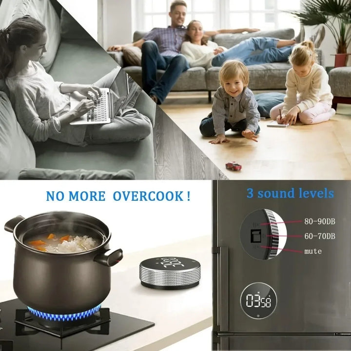 Magnetic LED Digital Timer – Silent Countdown Clock with Rotary Control for Kitchen, Study & Cooking